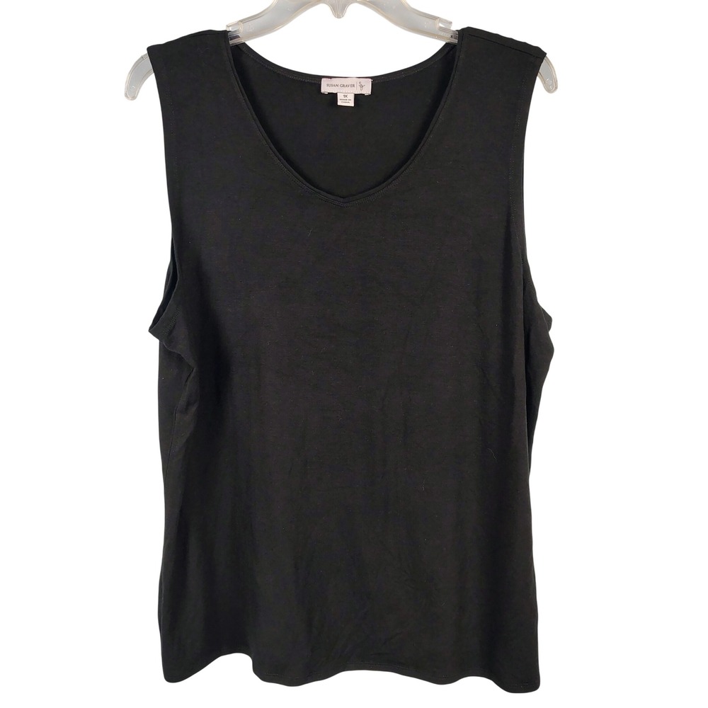 Susan Graver Womens 1X V-Neck Tank Top Black Rayon Blend Minimalist Basics